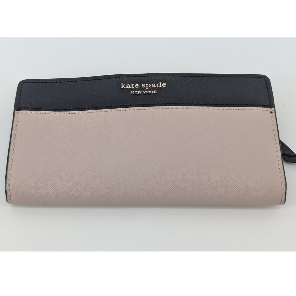 Kate Spade New York Saffiano Leather Bifold Slim Wallet Black Beige Two Tone